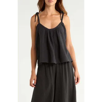 Elan Tie Strap Cotton Gauze Cover-Up Top in Black at Nordstrom, Size X-Small