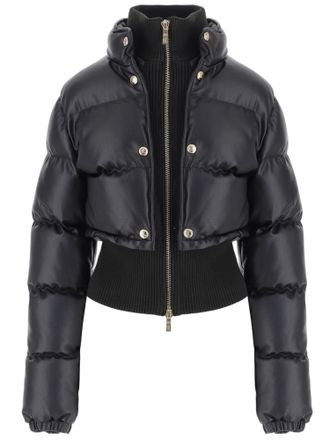 Just Cavalli Quilted Black Nylon Down Jacket with High Collar and Tapered Hem
