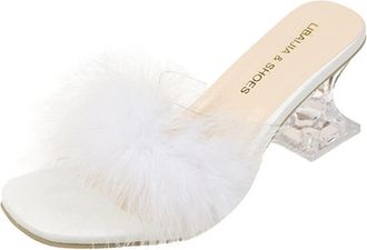 Generic Fluffy Kitten Heel Slippers Women Womens Slip On Heels Open Toe Mules Sandals Clear Block High Heels Wedding Bridal Sliders Party Dressy Slippers Sexy