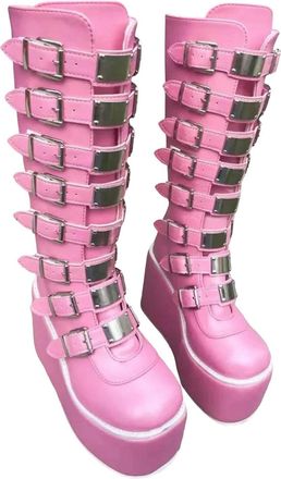 Generic Womens Platform Gothic High Boots Lace Up Wedge Heel Buckle Strap Leather Long Booties Cosplay Style