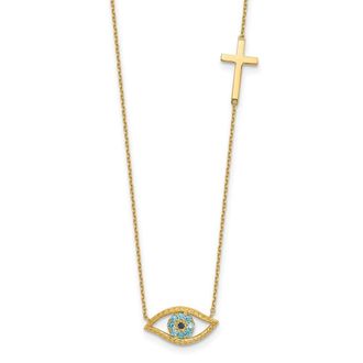 Diamond2Deal 14K Yellow Gold Polished Cubic Zirconia Evil Eye and Cross Necklace 18