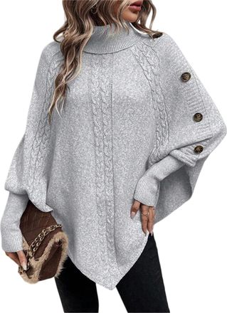 Generic Womens Turtleneck Button Detail Poncho Womens Poncho Sweater High Neck Asymmetrical Pullover Sweater Poncho Women (Gray,M)