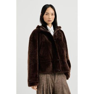 Brunello Cucinelli Shearling outerwear jacket with shiny zipper pull in Brown Gianduia at Nordstrom, Size 46