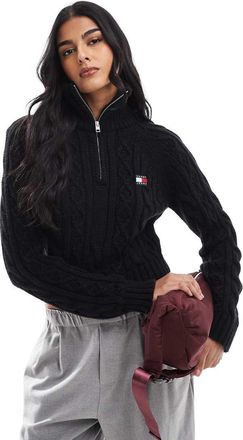 Tommy Jeans Maglione in maglia a trecce nero con zip corta