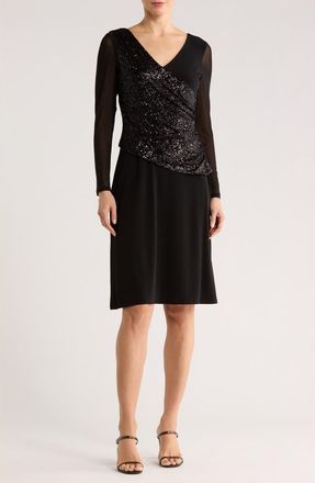 Connected Sequin Drape Detail Long Sleeve Dress in Black at Nordstrom Rack, Size 14
