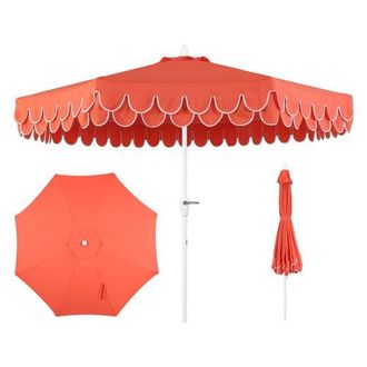 Jonathan Y Designs Tracy 9 ft. Classic MidCentury Scalloped Fringe Market Patio Umbrella with Auto-Tilt, Crank, Wind Vent and UV Protection in Coral