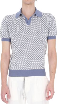 Drumohr White Blue Biscottino Cotton-Linen Polo Shirt
