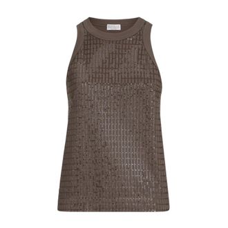 Brunello Cucinelli Brunello Cucinelli, Sleeveless Tops, female, Brown, Size: 2XS Dazzling Embroidery Top
