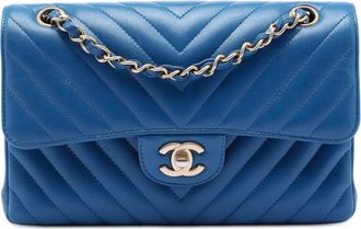 Chanel Pre-owned Womens Small Classic Chevron Lambskin Double Flap - Medium Blue Leather - One Size