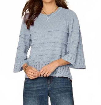 Democracy Quarter Bell Sleeve Sweater With Scallop Edge In Nile Blue