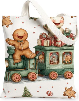 Generic Gingerbread Train Canvas Tote Bags, Cute Holiday Pattern Reusable Shopping Bags, Fanciful Festive Lightweight Washable Shoulder Tote for Grocery Trave