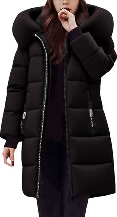 Generic Womens Long Winter Coats Mid-length Puffer Jacket with Fur Hood Loose Fit Quilted Padded Coat Outdoor Down Jacket Thicken Warm Winter Padded Hooded Ov