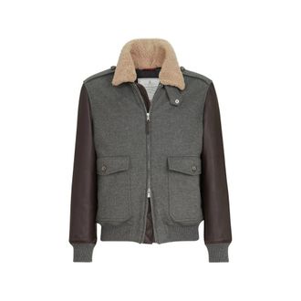 Brunello Cucinelli Bonded Cashmere Beaver Cloth And Nappa Leather Bomber Jacket With Thermore Padding And Detachable Shearling Collar
