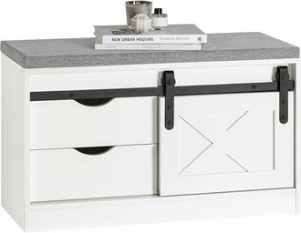 SoBuy Banco Zapatero con Puerta Corrediza de Granero Armario Multifuncional de Asiento para Entrada con 2 Estantes y 2 Cajones Blanco 80 x 30 x 49 cm