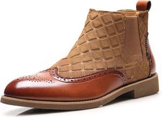 Generic Mens Round Toe PU Leather Chelsea Boots Flat Heel Office Dress Boots Pull on Vintage Brogue Boot,Brown,8.5 UK