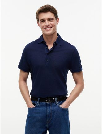 Tommy Hilfiger Mens New York Label Cotton-Linen Blend Polo - Navy - L