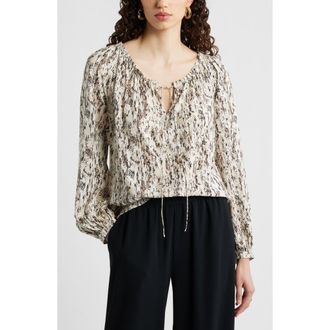 Nordstrom Gathered Tie Neck Top in Ivory- Brown Textural at Nordstrom, Size Xx-Small