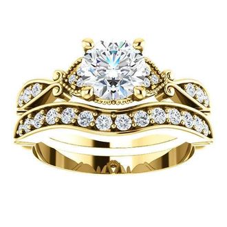 Pompeii3 1 1/2ct Diamond Vintage Engagement Matching Wedding Ring Set 14k Gold Yellow