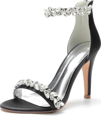 Generic Wedding Bridal Shoes Womens Heels Sandals Bridal Open Toe Heels Satin Stiletto High Heeled for Prom, Party, Daily Wear 10.5Cm,Black,10 UK