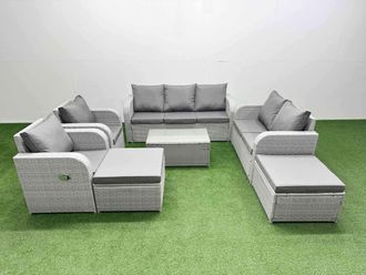 Fimous PE Rattan Garden Furniture Set Adjustable Chair Sofa Double Love Seat 2 Seater Sofa Lounge Set Oblong Coffee Table 2 Big Footstool Light Grey