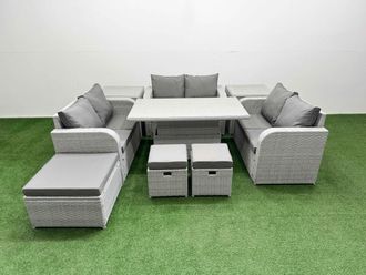 Fimous 9 Seater PE Wicker Rattan Furniture Sofa Sets with Adjustable Lifting Dining or Coffee Table 2 Seater Love Sofa 3 Stool 2 Side Table Light Grey