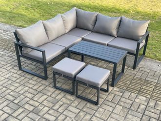 Fimous Aluminium Outdoor Garden Furniture Set Lounge Sofa Coffee Table Sets with 2 Small Footstools Indoor Conservatory Set Dark Grey