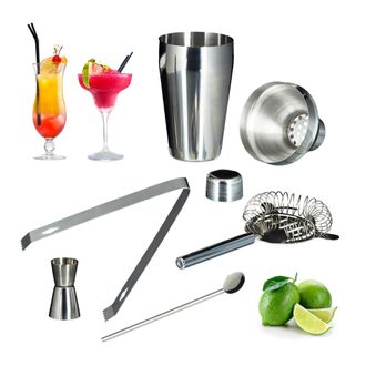 Relaxdays Set 8 Kits C&oacute;ctel 5 Piezas C/u, Set De Coctelera Con Accesorios, Acero Inoxidable, Para Batidos Y C&oacute;cteles, Plateado