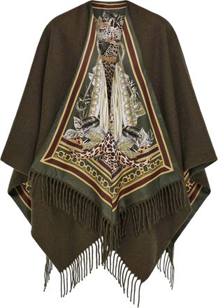 Ferragamo Cashmere Blend Cape with Fringed Edges and Intricate Silk Lining