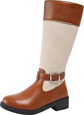 Generic Brown Womens Color Block Embroidery Mid Calf Boots Chunky Heel with Cloth Belt Buckle Fashion Casual Fall Winter Comfortable Walking Shoes Pu Material