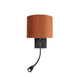 QAZQA Qazqa Wandlamp Zwart Met Flexarm En Kap Oranje Met Gouden