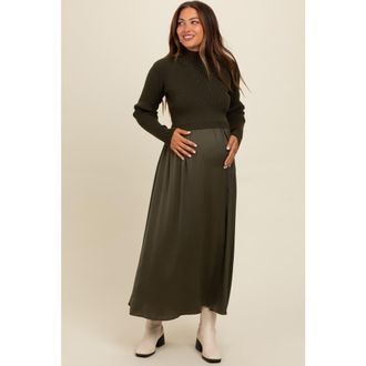 Pinkblush Knit Contrast Top Satin Midi Dress in Olive Green at Nordstrom, Size X-Large