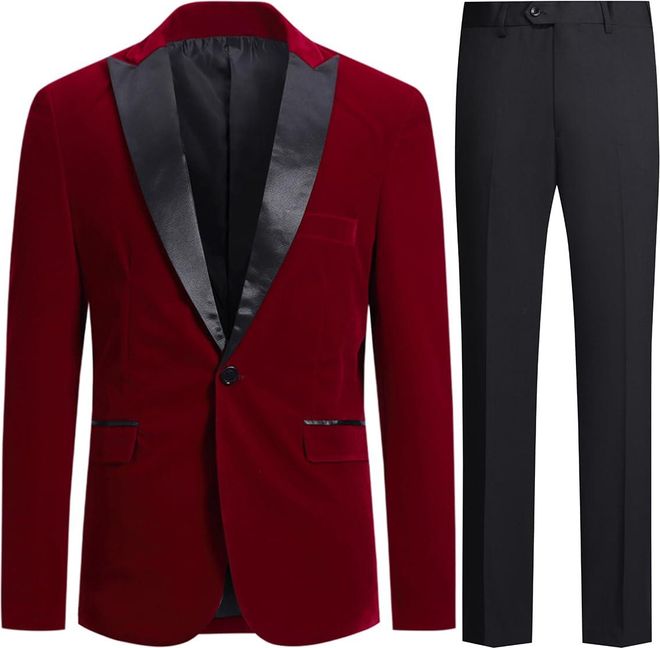 Mens Suits 2 Piece Suit Slim Fit Wedding Suit Tuxedos Velvet Casual Blazer One-Button Blazer Tuxedo Jackets Trousers, Red, XXL