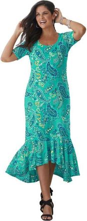 Jessica London Stretch Knit Flounce Hem Maxi Dress in Aqua Sea Playful Paisley at Nordstrom, Size 30