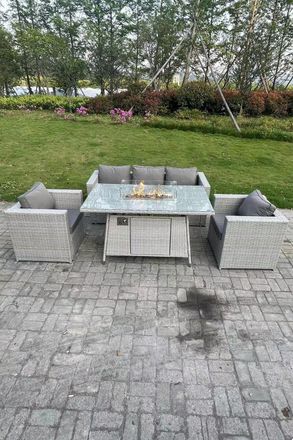 Fimous Rattan Gas Fire Pit Garden Furniture Dining Table Set Heater Burner Chairs Lounge Sofa Set in Light Grey