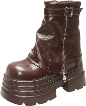 Generic Punk Womens Autumn Winter Leather Ankle Boots 10CM Heels Chunky Platform Combat Boots Non Slip Motorcycle Shoes Woman Punk Boots(Brown,4.5US)