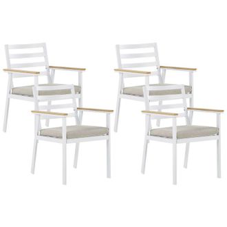 Beliani Conjunto De 4 Sillas De Jard&iacute;n De Metal Aluminio Blanco Beige Recubrimiento En Polvo Cojines De Asiento Cremallera Exterior Cavoli