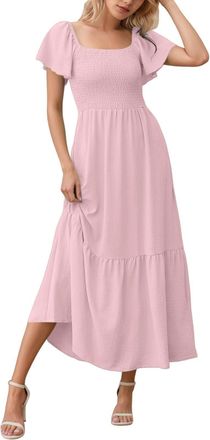Generic Maxi Dresses for Women Square Neck Flutter Sleeve Smocked Dress with Pockets Flowy Long Dress 2025 New Summer Dresses for Women UK