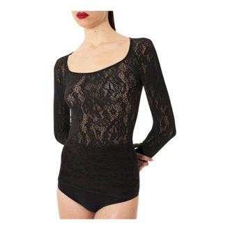 Wolford Tops, Dames, Zwart, XS, Wol, Top met grafische rozenprint en ronde hals
