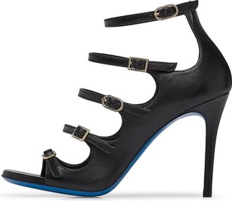 Loriblu Zwarte sandalen van zwart nappaleer met bandjes - Dames - Sandalen met hakken - Zwart - 37 EU - Leer - Schoenen