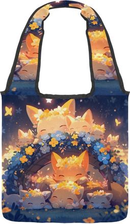 Generic Colorful Cartoon Kitten Reversible Canvas Shoulder Tote - Double-Sided Print, 12oz Cotton, 27cm Drop, Fold-Flat Bag for Travel, Shopping, Street Outin