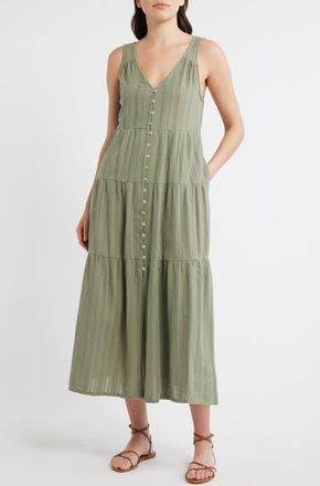 Marine Layer Corinne Tiered Sleeveless Cotton Midi Dress in Sage at Nordstrom, Size X-Large