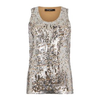 Dsquared2 Tops, Dames, Beige, L, Pailletten, Canotta con paillettes Girocollo Smanicata