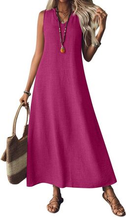 Generic Cotton Linen Dresses for Women UK Dress Long Casual Solid Color V Neck Sleeveless/Short Sleeve Flowy Maxi Green (Khaki, L)