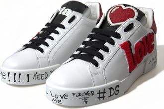Dolce & Gabbana Womens White Love Patch Portofino Classic Sneakers Shoes Leather