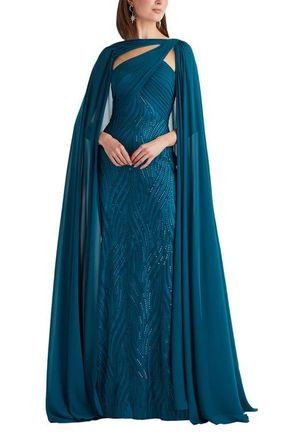 Tadashi Shoji Sequin Pleat Cape Gown in Starry Night at Nordstrom, Size 12