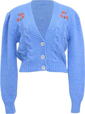 Alessandra Rich Floral Embroidery Cropped Cardigan in Blue Alpaca Wool