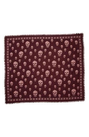 Alexander McQueen Skull Print Wool Fringe Scarf in Burgundy/Pink at Nordstrom