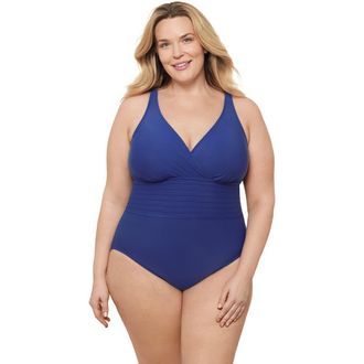 Aqua Green Plus Size V-Neck Surplice Trim Overlay Full Coverage One-Piece Swimsuit in Cerulean at Nordstrom, Size 1X