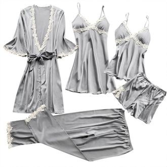 Generic Flodxo 5 Piece Pyjamas Set Women Satin Silk Pajamas Kimono Robe Floral Lace Cami Tops Shorts Pants Nightdress Bathrobe Pjs Sets Sleepwear Soft Comfy L
