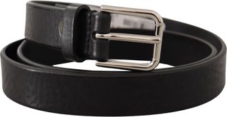 Dolce & Gabbana Black Calf Leather Silver Tone Logo Metal Buckle Mens Belt